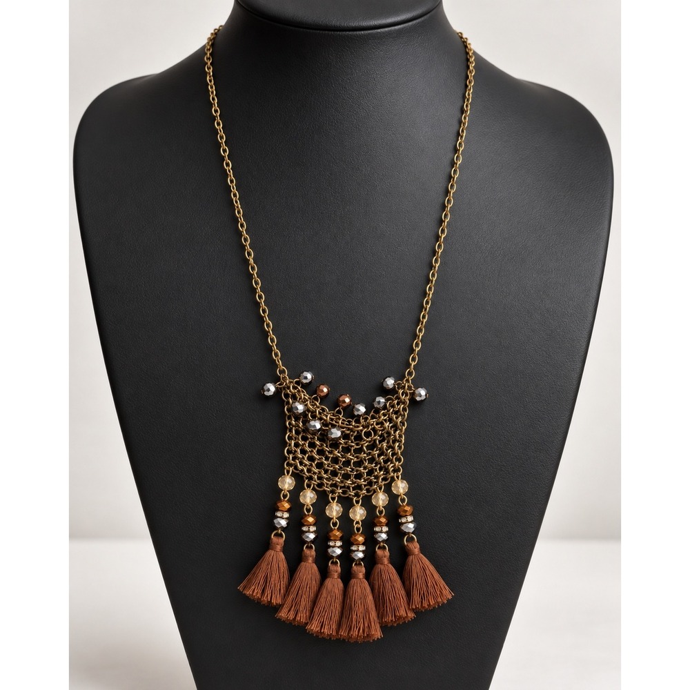 Boho Antique Gold Tone Chain Mail Bib Necklace with Brown Tassels and Beads